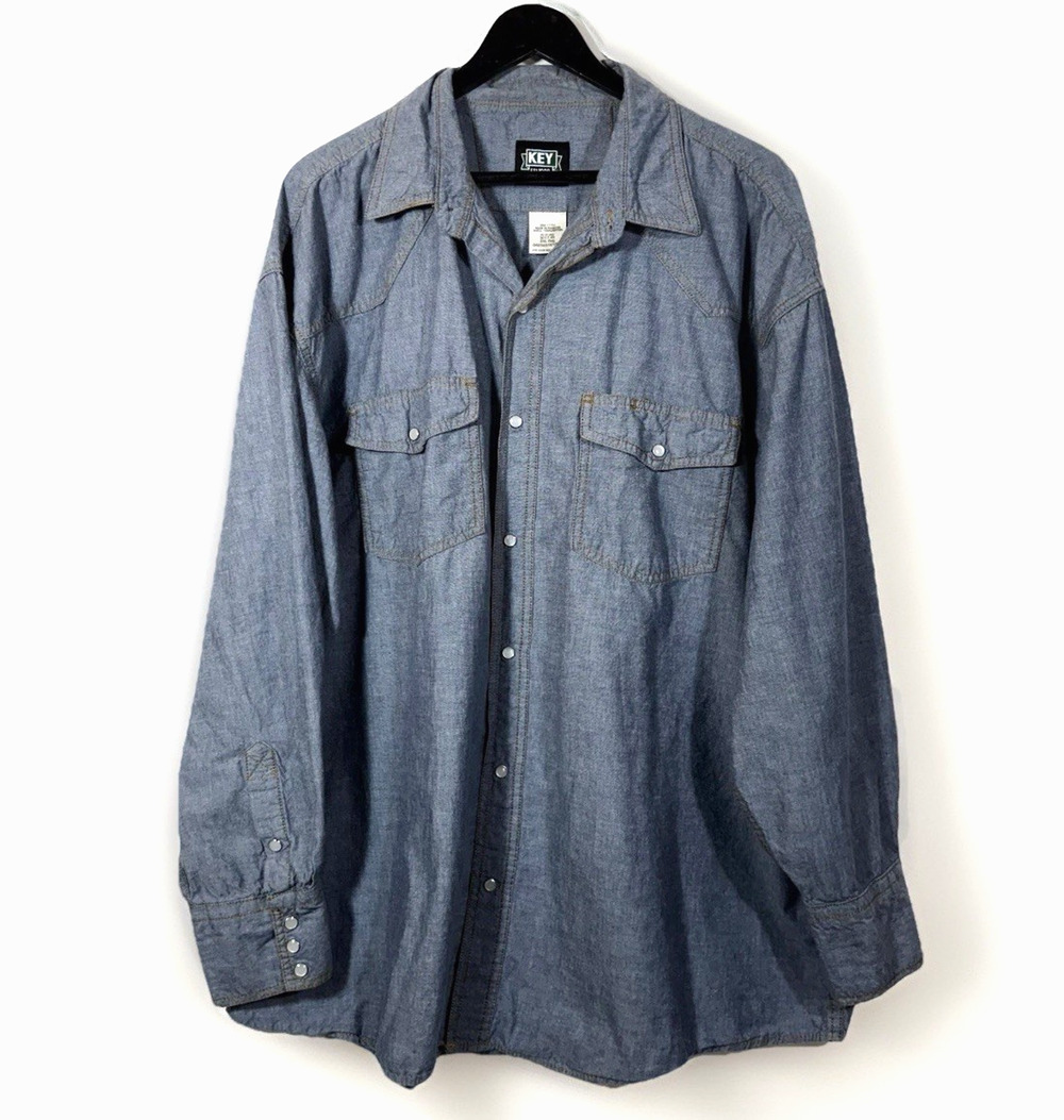 Key Pearl Snap Shirt Chambray Denim Blue 2XL Cotton Western Cowboy Retro